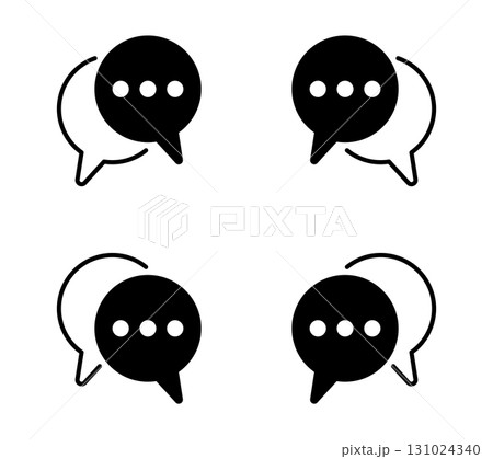 Chat bubble icon set with overlapping speech balloon symbols, minimal black and white communication pictograms, dialogue design elements for web, mobile app, social media, conversation interface 131024340