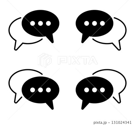 Chat bubble icon collection with overlapping dialogue symbols, minimal black and white communication pictograms, conversation design set for web, mobile app, social media, digital interface 131024341