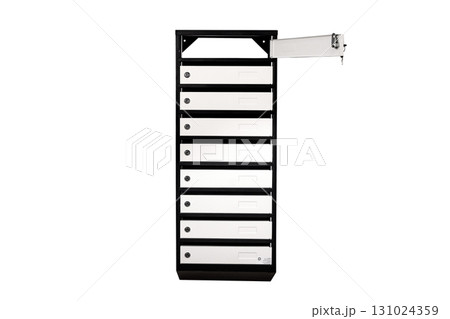 Mail boxes filled of leaflets and letters. Shallow DOF,Mailboxes and Lock in Rows at Entrance 131024359