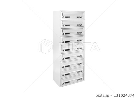 Mail boxes filled of leaflets and letters. Shallow DOF,Mailboxes and Lock in Rows at Entrance 131024374