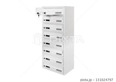 Mail boxes filled of leaflets and letters. Shallow DOF,Mailboxes and Lock in Rows at Entrance 131024797