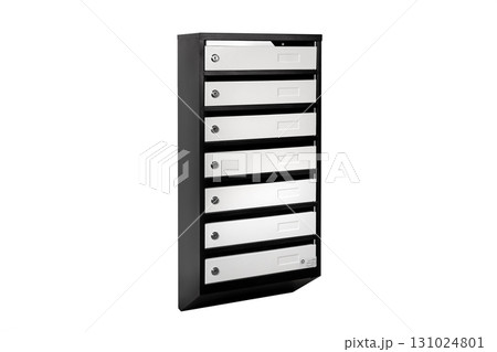 Mail boxes filled of leaflets and letters. Shallow DOF,Mailboxes and Lock in Rows at Entrance 131024801