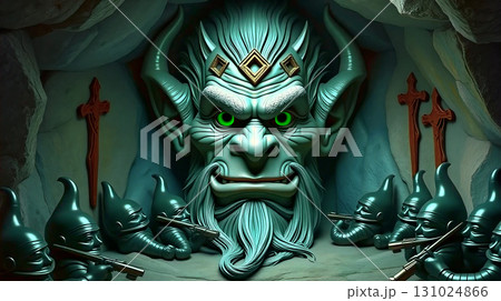 The king and his guard a fantasy encounter. A fantasy scene depicts a large mystical creature with green skin and luminous green eyes, wearing a crown adorned with diamonds. 131024866