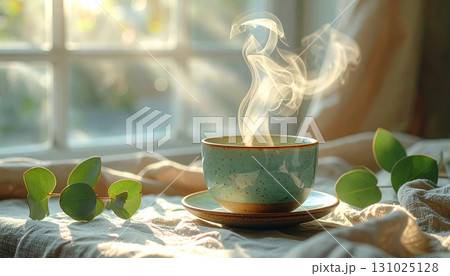 朝日差し込む窓辺で湯気立つティーカップと静かなコーヒーブレイク時間「AI生成画像」 朝日差し込む窓辺で湯気立つティーカップと静かなコーヒーブレイク時間「AI生成画像」 131025128