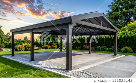 黒い鉄骨フレームが美しいスタイリッシュなカーポート「AI生成画像」 131025142