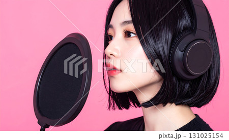 黒髪の若い美人な女性がヘッドホンをして鮮やかな背景で描かれる横顔ポートレート「AI生成画像」 131025154
