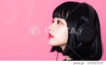 ヘッドホンをつけた黒髪女性が横顔で見つめるクールな構図「AI生成画像」 131025155