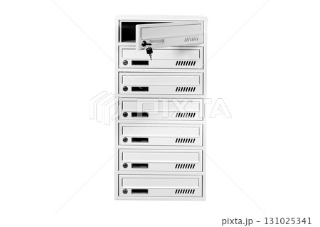 Mail boxes filled of leaflets and letters. Shallow DOF,Mailboxes and Lock in Rows at Entrance 131025341