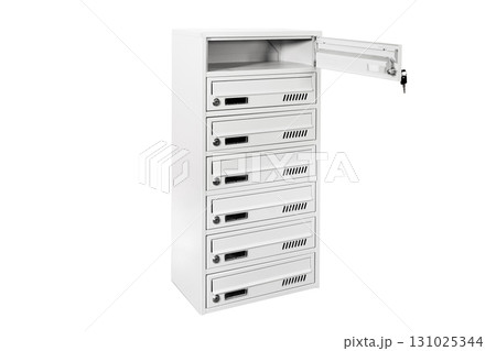 Mail boxes filled of leaflets and letters. Shallow DOF,Mailboxes and Lock in Rows at Entrance 131025344