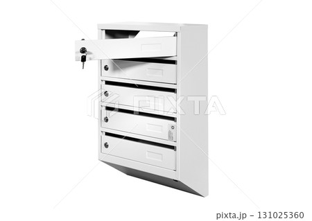 Mail boxes filled of leaflets and letters. Shallow DOF,Mailboxes and Lock in Rows at Entrance 131025360