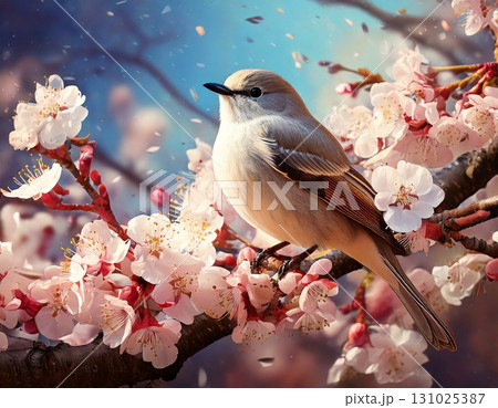 桜の木にとまる小鳥 131025387