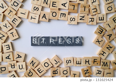 Stress word in wooden cube blocks, mental pressure concept, anxiety and tension idea, health and psychology theme 131025424