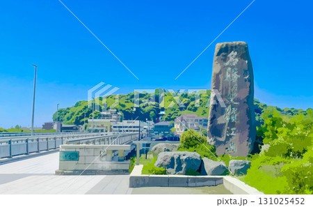 青空と石碑、橋と島の風景【江の島】 131025452