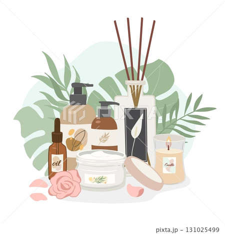 Natural beauty products decorated with tropical leaves on white background. Concept of simple skincare, bodycare and spa vector illustration. 131025499
