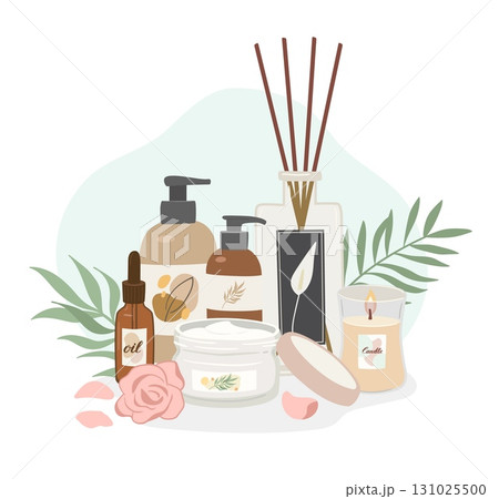 Natural beauty products decorated with tropical leaves on white background. Concept of simple skincare, bodycare and spa vector illustration. 131025500
