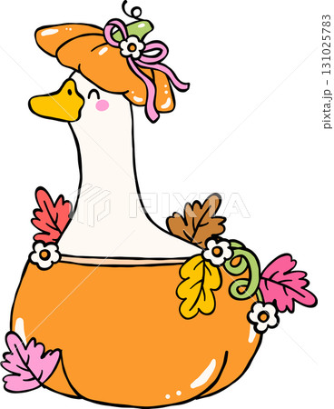 Autumn Silly Goose in a Pumpkin Cartoon Hand Drawn Autumn Silly Goose in a Pumpkin Cartoon Hand Drawn 131025783