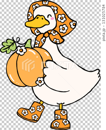 Autumn Silly Goose Holding Pumpkins with Fall Leaves Cartoon Hand Drawn 131025784