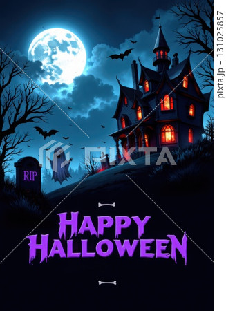 Eerie Halloween Night Scene with Haunted House and Full Moon 131025857