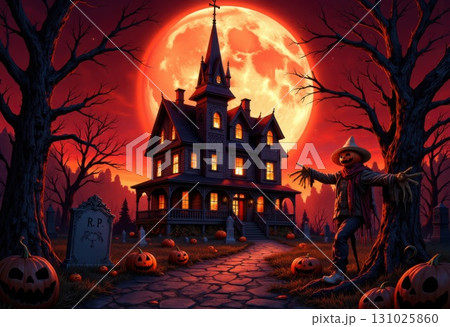 Eerie Halloween Night with Haunted House Scarecrow and Red Moon 131025860