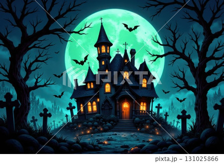 Haunted House at Night with Bats and Full Moon Spooky Scene 131025866