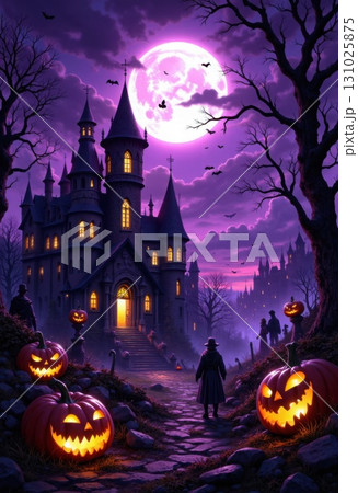 Mysterious Halloween Night with Castle Pumpkins and Full Moon Spooky Vibes Mysterious Halloween Night with Castle Pumpkins and Full Moon Spooky Vibes 131025875