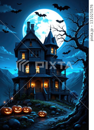 Mysterious Halloween night with haunted house glowing pumpkins and full moon Mysterious Halloween night with haunted house glowing pumpkins and full moon 131025876