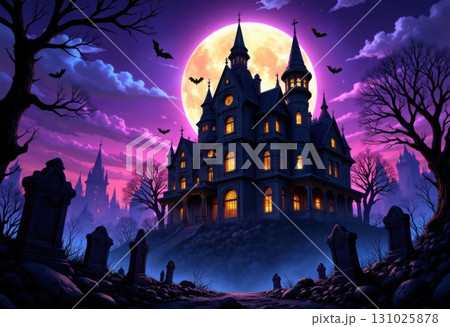 Mysterious haunted house castle with full moon and bats in the sky Mysterious haunted house castle with full moon and bats in the sky 131025878