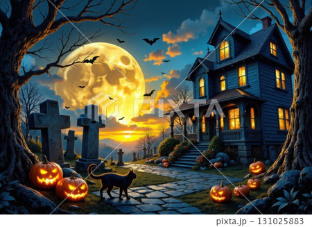 Mystical Halloween Night Scene with Haunted House and Moon 131025883