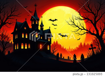 Spooky Halloween Haunted House with Full Moon and Bats Silhouettes 131025893