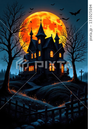Spooky Halloween haunted house with full moon and flying bats 131025894