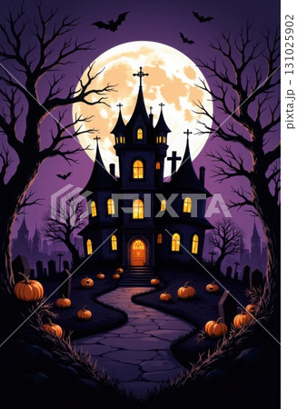 Spooky Halloween mansion with pumpkins and bats under a full moon Spooky Halloween mansion with pumpkins and bats under a full moon 131025902