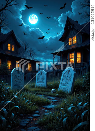 Spooky Halloween Night Scene with Gravestones Haunted Houses and Bats 131025914