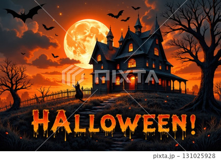 Spooky Halloween Night with Haunted House Bats and Full Moon 131025928