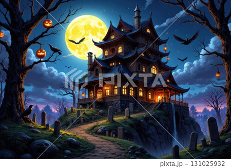 Spooky Halloween Night with Haunted House Moon and Cemetery View 131025932