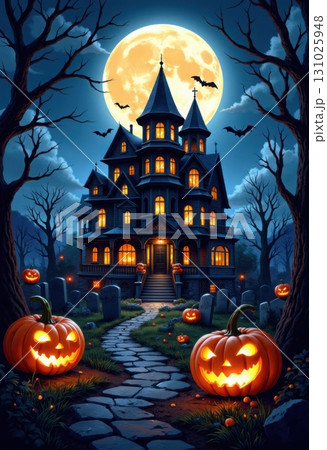 Spooky Haunted House at Night with Pumpkins and Full Moon Spooky Haunted House at Night with Pumpkins and Full Moon 131025948