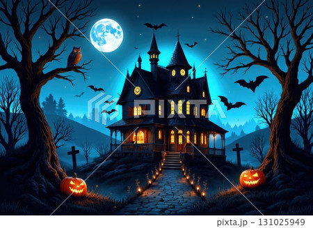 Spooky haunted house beneath a full moon for Halloween night 131025949