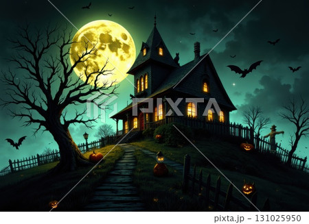 Spooky Haunted House Halloween Night with Full Moon and Bats 131025950