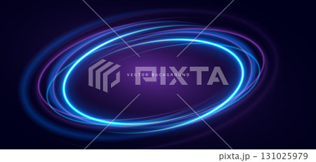 Glowing blue and purple ring overlapping on dark background. 131025979