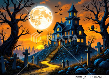 Spooky haunted house Halloween night with graveyard under full moon Spooky haunted house Halloween night with graveyard under full moon 131026108