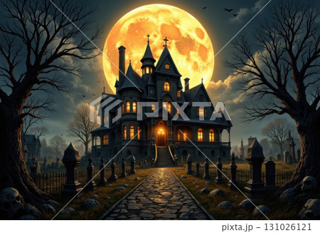 Spooky Haunted House under a Full Moon with Graveyard and Trees 131026121