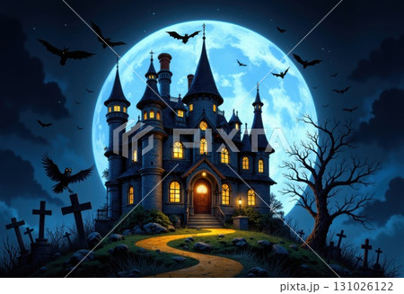 Spooky Haunted House Under a Giant Moon with Bats Flying Around Spooky Haunted House Under a Giant Moon with Bats Flying Around 131026122