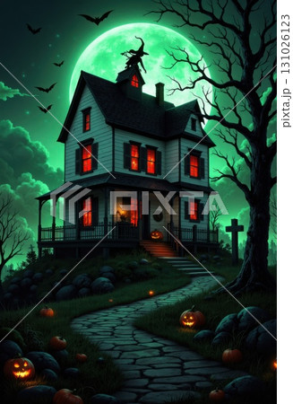 Spooky Haunted House Under a Green Moon on Halloween Night 131026123