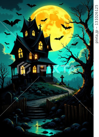 Spooky haunted house with full moon and bats at night Halloween 131026125
