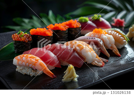 美しく盛り付けられた寿司の盛り合わせ 美しく盛り付けられた寿司の盛り合わせ 131026138