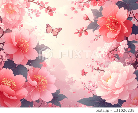 華やかに舞い散る幻想的な牡丹と蝶が美しいピンクのパステルカラーのイラスト 131026239