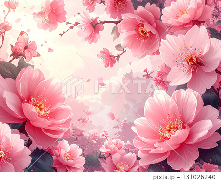 華やかに舞い散る幻想的な牡丹と蝶が美しいピンクのパステルカラーのイラスト 131026240