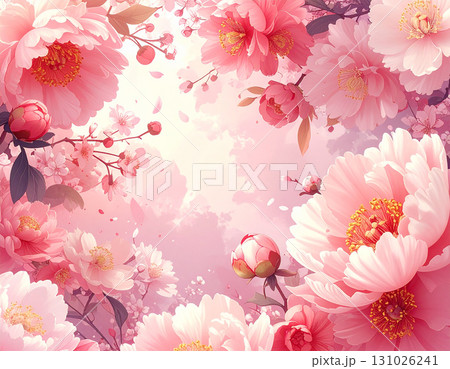 華やかに舞い散る幻想的な牡丹と蝶が美しいピンクのパステルカラーのイラスト 131026241