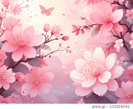 華やかに舞い散る幻想的な牡丹と蝶が美しいピンクのパステルカラーのイラスト 131026242