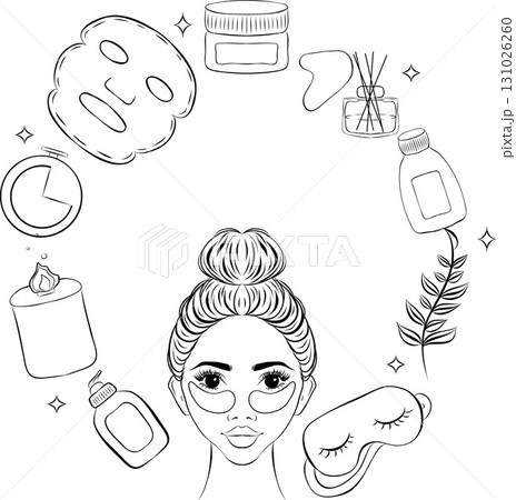Round frame with beauty products. Makeup and online shopping concept. Vector illustration can be used in articles, banners, flyers, social media related to cosmetics. You can put your text in center. 131026260
