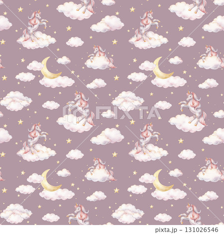 Seamless watercolor pattern with Unicorn and yellow stars, and clouds. Hand drawn Illustrations of background for nursery wallpaper, baby decor, textiles, or children paper. Pastel colors pony 131026546